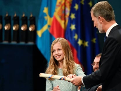 Felipe VI y la princesa Leonor, durante la ceremonia de entrega de los Premios Princesa de Asturias. En vídeo, las palabras del Rey a la princesa Leonor.