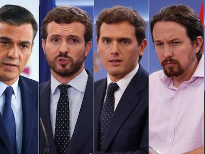 De izquierda a derecha, Pedro Sánchez (PSOE), Pablo Casado (PP), Albert Rivera (Ciudadanos), Pablo Iglesias (UP) y Santiago Abascal (Vox). En vídeo, el tablero que deja los resultados del CIS.