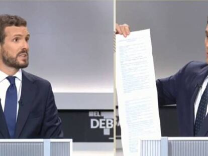 El presidente del PP, Pablo Casado, y el de Ciudadanos, Albert Rivera, durante el debate.