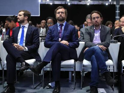 Pablo Casado (PP), Iván Espinosa de los Monteros (Vox), Pablo Iglesias (Unidas Podemos), e Inés Arrimadas (Ciudadanos), durante la ceremonia de apertura de la conferencia del clima. En vídeo, Arrimadas propone a Sánchez "una mayoría de 221 escaños moderados y constitucionalistas".