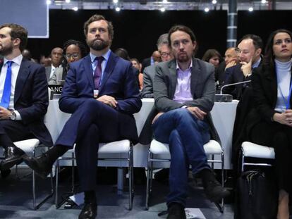 Pablo Casado (PP), Iván Espinosa de los Monteros (Vox), Pablo Iglesias (Unidas Podemos), e Inés Arrimadas (Ciudadanos), durante la ceremonia de apertura de la conferencia del clima. En vídeo, Arrimadas propone a Sánchez "una mayoría de 221 escaños moderados y constitucionalistas".