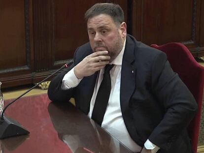 Declaración del exvicepresidente de la Generalitat y principal acusado, Oriol Junqueras, durante la tercera jornada del juicio del 'procés' en la Sala de Plenos del Tribunal Supremo.