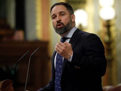 El presidente de Vox, Santiago Abascal, durante su intervención en el Congreso de los Diputados, este sábado. En vídeo, el resumen de la intervención de Santiago Abascal.