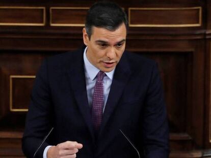 El presidente del Gobierno en funciones, Pedro Sánchez, durante su intervención. En vídeo, resumen del discurso de Sánchez.