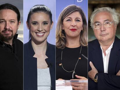 De izquierda a derecha, Pablo Iglesias, Irene Montero, Yolanda Díaz, Manuel Castells y Alberto Garzón.