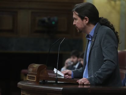 El líder de Unidas Podemos, Pablo Iglesias, este martes en el Congreso. En vídeo, su intervención.