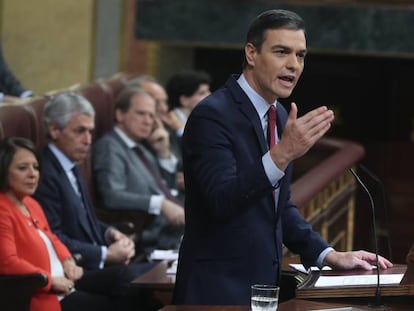 El candidato del PSOE a la presidencia del Gobierno, Pedro Sánchez, en la sesión de investidura. En vídeo, el discurso del líder socialista de este martes.