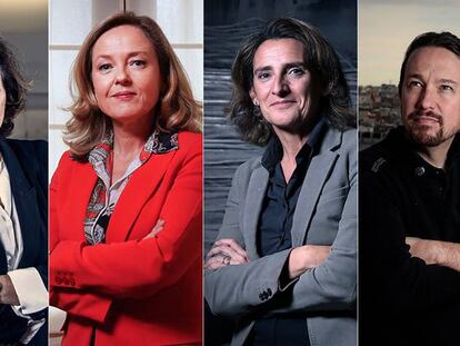 Desde la izquierda, Carmen Calvo, Nadia Calviño, Teresa Ribero y Pablo Iglesias. En vídeo, cuatro vicepresidencias para Sánchez, tres de ellas, ocupadas por mujeres.