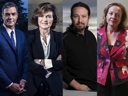 Desde la izquierda, Sánchez, Calvo, Iglesias, Calviño y Ribera. En vídeo, este es el nuevo Gobierno.