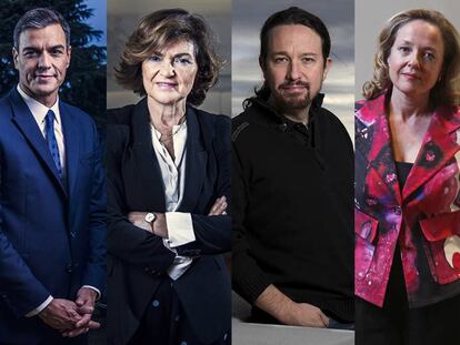 Desde la izquierda, Sánchez, Calvo, Iglesias, Calviño y Ribera. En vídeo, análisis de los retos de las cuatro vicepresidencias del nuevo Gobierno de Pedro Sánchez.