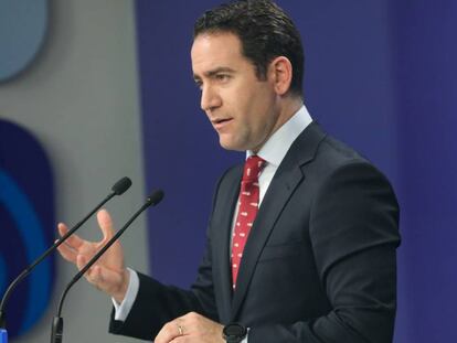 El secretario general del PP, Teodoro García Egea, en una rueda de prensa en la sede central del partido.