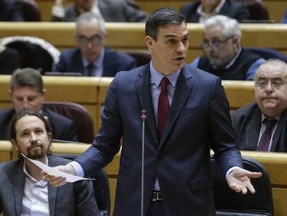 Pedro Sánchez en el Senado, hoy. En vídeo, Sánchez y Maroto se enzarzan en el Senado.