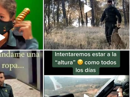 Distintos momentos del perfil de TikTok de la Guardia Civil. En vídeo, la próxima grabación que el instituto armado publicará en la red social, adelantada a EL PAÍS.