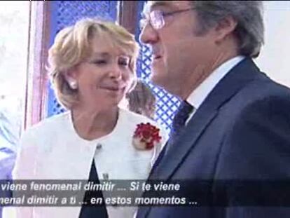 <b>AGUIRRE A GABILONDO: "TE VENDRÍA FENOMENAL DIMITIR". </b>"Lo que yo quiero es que dimitas por alentar a la huelga política
", le ha dicho entre risas la presidenta al ministro. Gabilondo le responde y Aguirre apostilla: "Si te vendría fenomenal dimitir en estos momentos"