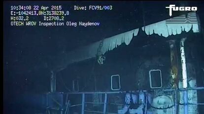Primeras imágenes del buque ruso 'Oleg Naydenov', hundido frente a la costa de Gran Canaria. Han sido grabadas por el ROV (submarino no tripulado) contratado a la empresa Noruega OTECH. El barco se encuentra a 2.708 metros de profundidad.
