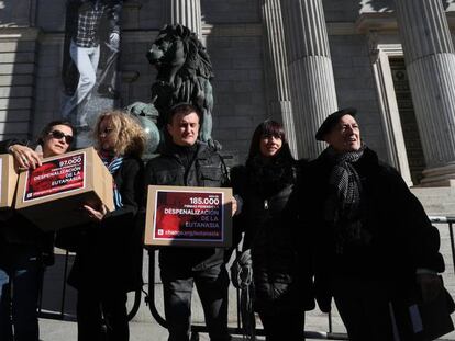 Familiares de Tellaetxe y De Marcos, ante el Congreso con las firmas recabadas.