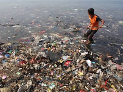 Dos hombres participan en un acto de limpieza de basura de la bahía de Lampung (Indonesia). En vídeo, un resumen del informe.