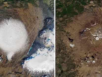 En foto, imágenes de satélite de la NASA del glaciar Ok en septiembre de 1986 (i.) y el pasado 1 de agosto. En vídeo, imágenes del evento en el que se ha instalado una placa conmemorativa.