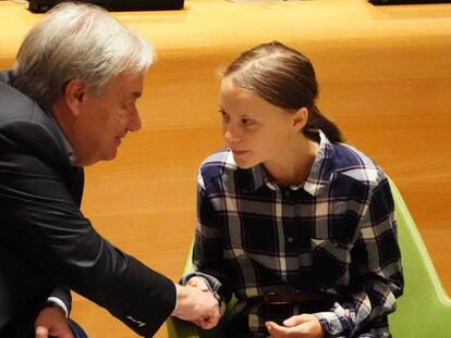 António Guterres y Greta Thunberg, este domingo en la sede de la ONU de Nueva York. En vídeo, las declaraciones del Secretario General de la ONU.