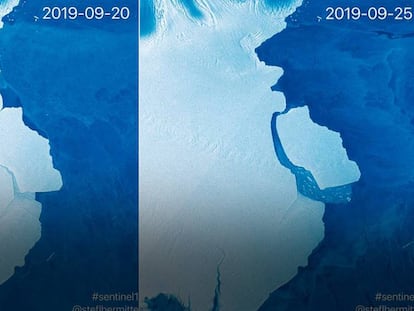 Una fotografía captada por satélite del iceberg desprendido (derecha), y de la fisura cinco días antes. En vídeo, imágenes del D28.