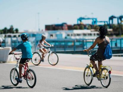 Ciclistas de distintas edades pedalena por el carril bici de La Marina, en Valencia. En vídeo, cada vez se usa más la bicicleta para deplazmientos habituales.