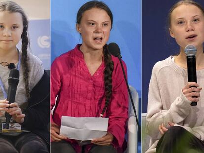 Greta Thunberg, durante sus discursos en la COP24 de Katowice (2018); la sede de la ONU en Nueva York (en enero), y el miércoles, en la COP25 de Madrid. En vídeo, los discursos de Greta.