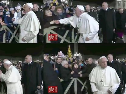 El Papa reprende este martes en la plaza de San Marcos del Vaticano a una mujer que tiró de él bruscamente.