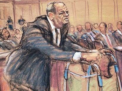 Harvey Weinstein, en una ilustración realizada durante el inicio del juicio el lunes en la Corte de Nueva York.