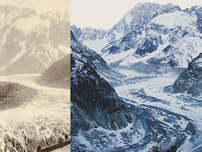 Fotos colgadas por Macron del glaciar del Mont Blanc en 1910 (izquierda) y en 2020 (derecha). En vídeo, el presidente de Francia alerta de la urgencia de actuar contra los efectos del calentamiento en la montaña.