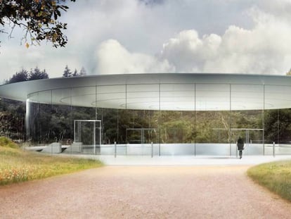 Recriação da entrada do Apple Campus. No vídeo, o Apple Park em construção.