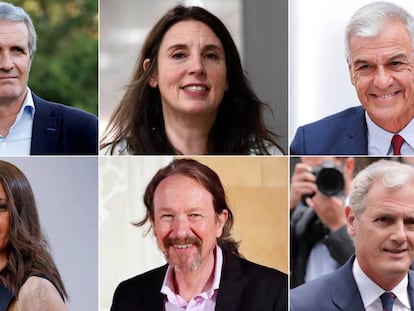 De izquierda a derecha y de arriba abajo, imágenes envejecidas por FaceApp de Pablo Casado, Irene Montero, Pedro Sánchez, Inés Arrimadas, Pablo Iglesias y Albert Rivera.
