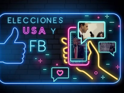 Imágenes con alusión a las redes sociales, Facebook y las elecciones presidenciales en EE UU. Vídeo: repaso de los escándalos protagonizados por Facebook desde 2016. Montajes de OLB
