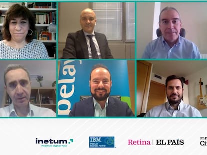 En la imagen, de arriba abajo y de izquierda a derecha: Marimar Jiménez (Cinco Días), Julián Jiménez (IBM Systems), Salvador Merlos-Rodrigo (Inetum), Fernando Andradas (Spain Oney), Jesús García (Inversis), David Fiñana (Pelayo Mutua de Seguros), Carlos Ranz (Grupo Santalucía) y Christian Iniesto (Soyou). Vídeo: resumen del encuentro realizado por El País Retina y Cinco Días en colaboración con Inetum.