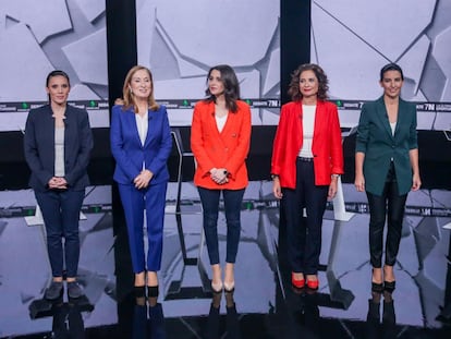 Irene Montero, Ana Pastor (del PP), Ana Pastor (periodista de La Sexta), Inés Arrimadas (de Ciudadanos), María Jesús Montero (del PSOE) y Rocío Monasterio (de Vox). En vídeo, los mejores momentos del debate de La Sexta.