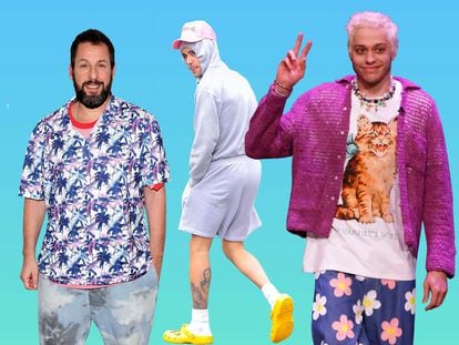 Adam Sandler, Justin Bieber y Pete Davidson, el ejemplo viviente de que se puede ser poderoso, millonario y 'fistro' en el vestir.