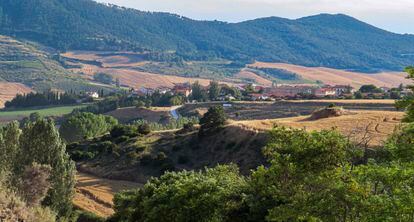 Vista de Ucar, en Valdizarbe (Navarra), con las montañas de las Nekeas de fondo.