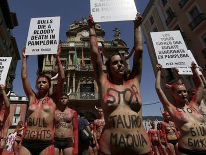 Activistas antitaurinos, este miércoles en Pamplona.