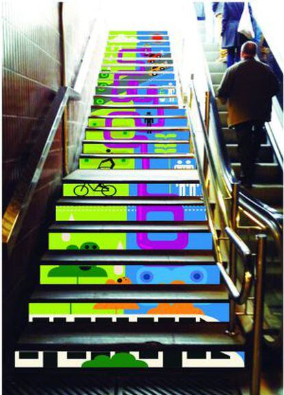 &#039;Un mundo sostenible&#039;, de Laura Carvajal, una de las escaleras de metro que participan en el concurso Swab Stairs de Barcelona. 