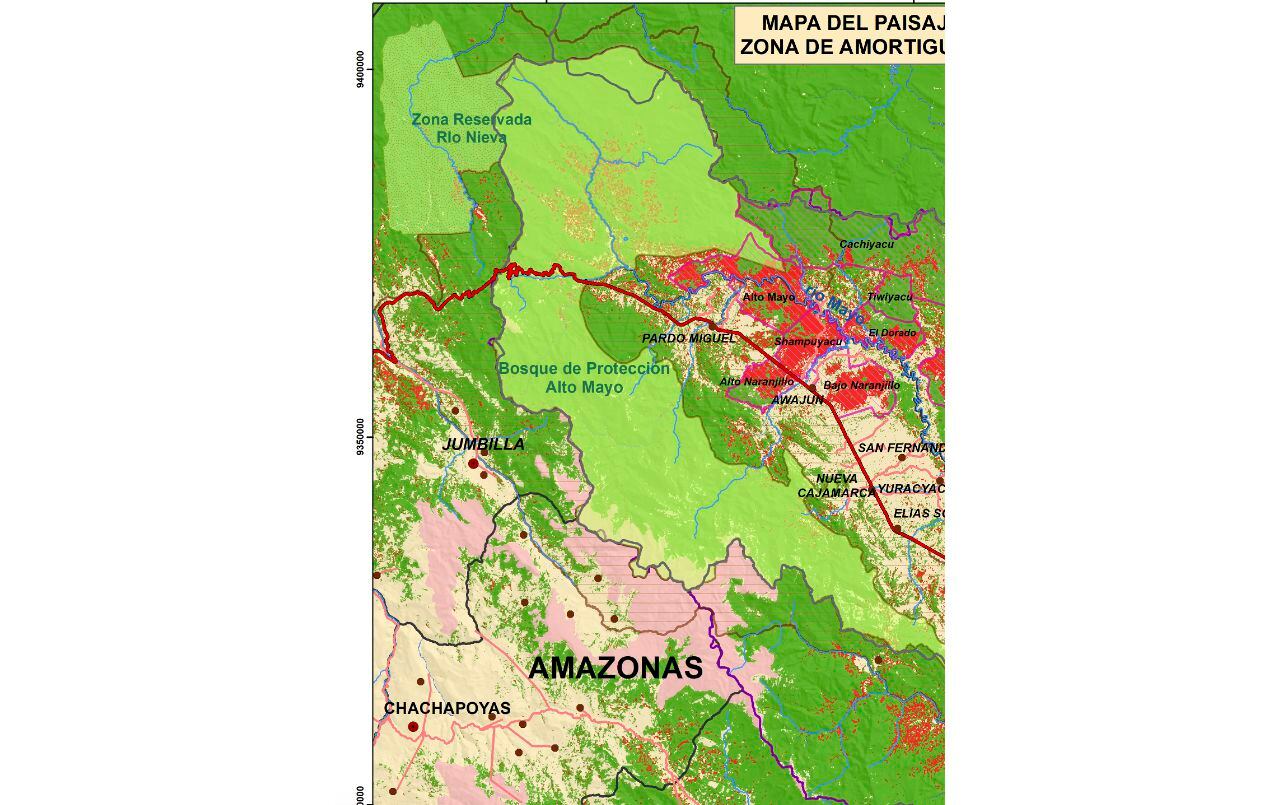 Las zonas rojas indican el avance de la deforestación en la última década en el valle del Alto Mayo. 