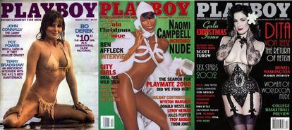 De izquierda a derecha: portadas de &#039;Playboy&#039; con Bo Derek (1980), Naomi Campbell (1999) y Dita Von Teese (2002).