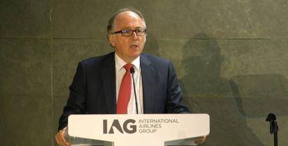 El CEO de IAG, Luis Gallego, esta tarde durante la junta de accionistas celebrada en Madrid.