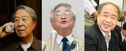 De izquierda a derecha, los tres galardonados con el Nobel de Física:  Yoichiro Nambu, Toshihide Maskawa y Makoto Kobayashi.
