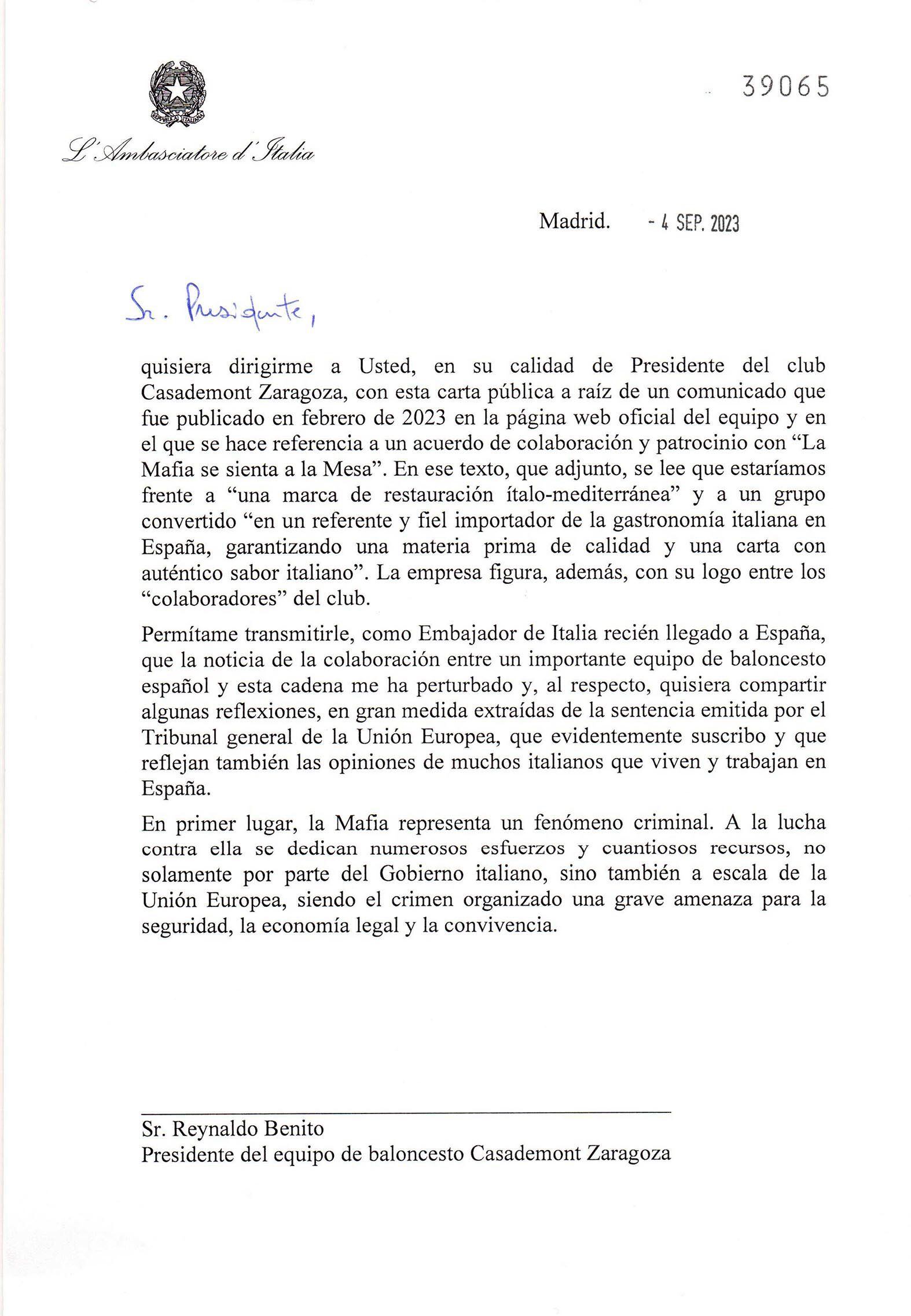 Una parte de la carta escrita por el embajador italiano. 