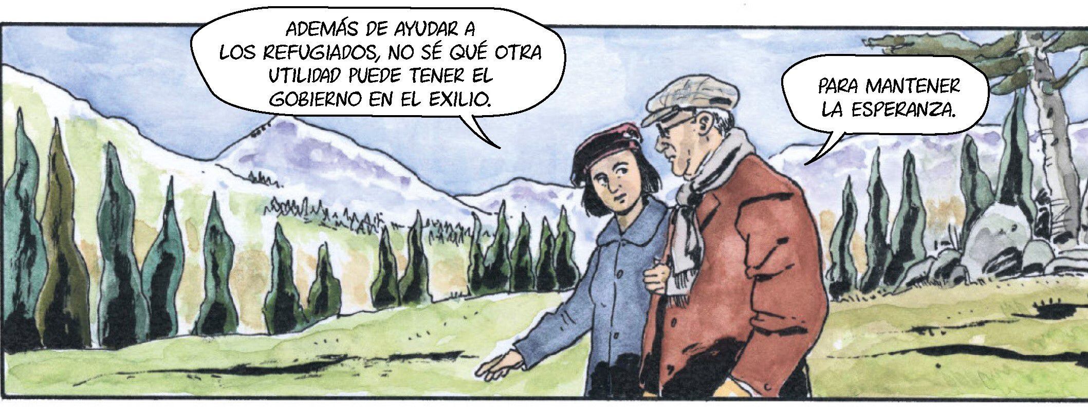 Una de las viñetas del cómic sobre el exilio de Manuel Azaña a Francia.