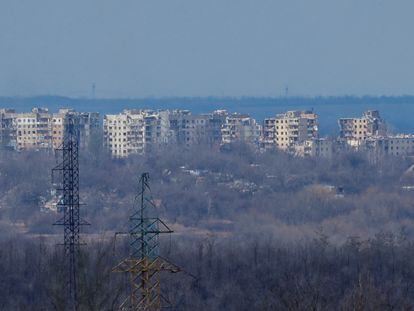 A view shows destroyed multi-storey residential buildings in the town of Avdiivka in the course of Russia-Ukraine conflict, as seen from Yasynuvata (Yasinovataya) in the Donetsk region, Russian-controlled Ukraine, February 19, 2024. REUTERS/Alexander Ermochenko