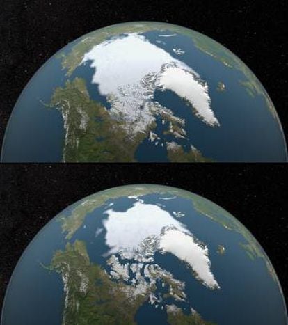 Arriba, el Ártico en septiembre de 1979. Abajo, extensión del hielo en el mismo mes de 2015, con los paso del Noroeste y del mar del Norte abiertos