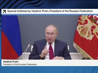 Captura de vídeo de un momento de la intervención del presidente ruso ante el Foro Económico Mundial.