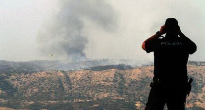 Un policía observa el incendio de Cerro Muriano.