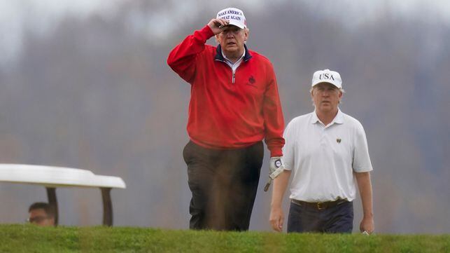 President Donald Trump plays golf at Trump National Golf Club in Sterling, Va., Saturday, Nov. 21, 2020. (AP Photo/Manuel Balce Ceneta)