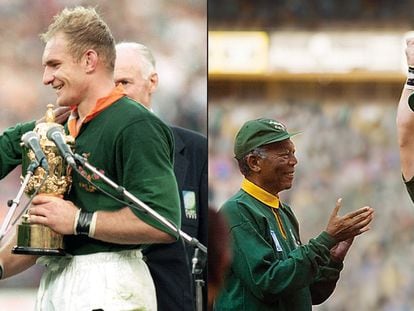 A la izquierda, Mandela felicita  a François Peinaar, capitán del equipo surafricano de rugby tras ganar el mundial.  A la derecha, recreación en 'Invictus' de ese momento (fotografía: David Rogers).